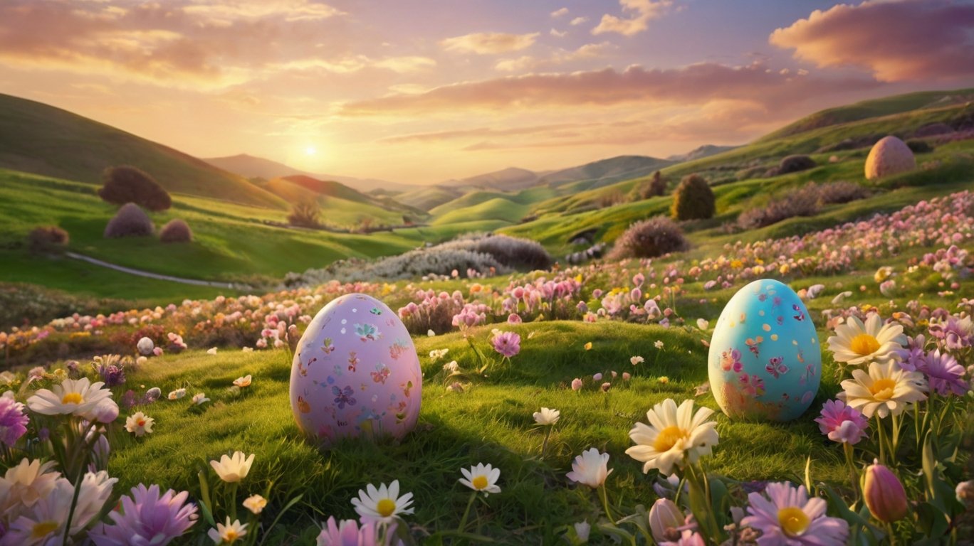 Two colorful Easter eggs on grass with flowers and rolling hills in the background, sunrise, Pixar style.