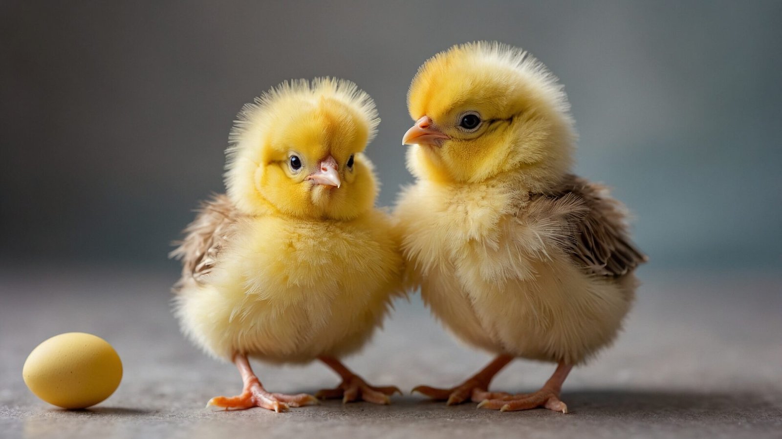 Two baby chicks with yellow feathers looking at each other in awe with an egg, gray background, highly detailed.