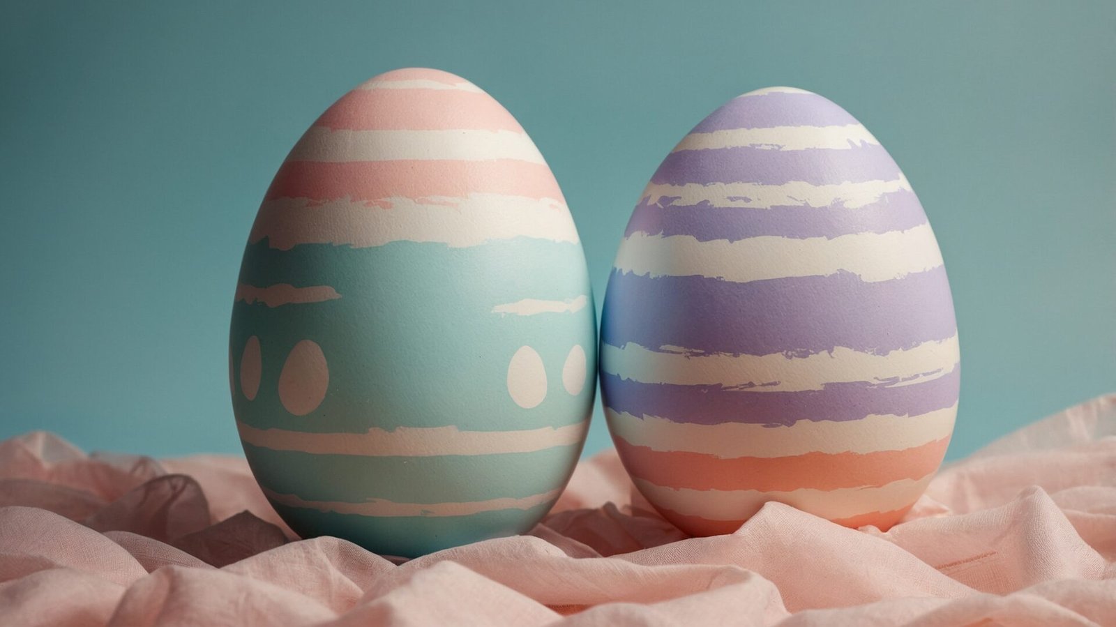 Two pastel striped Easter eggs on pink and blue background, Easter concept, vibrant colors.