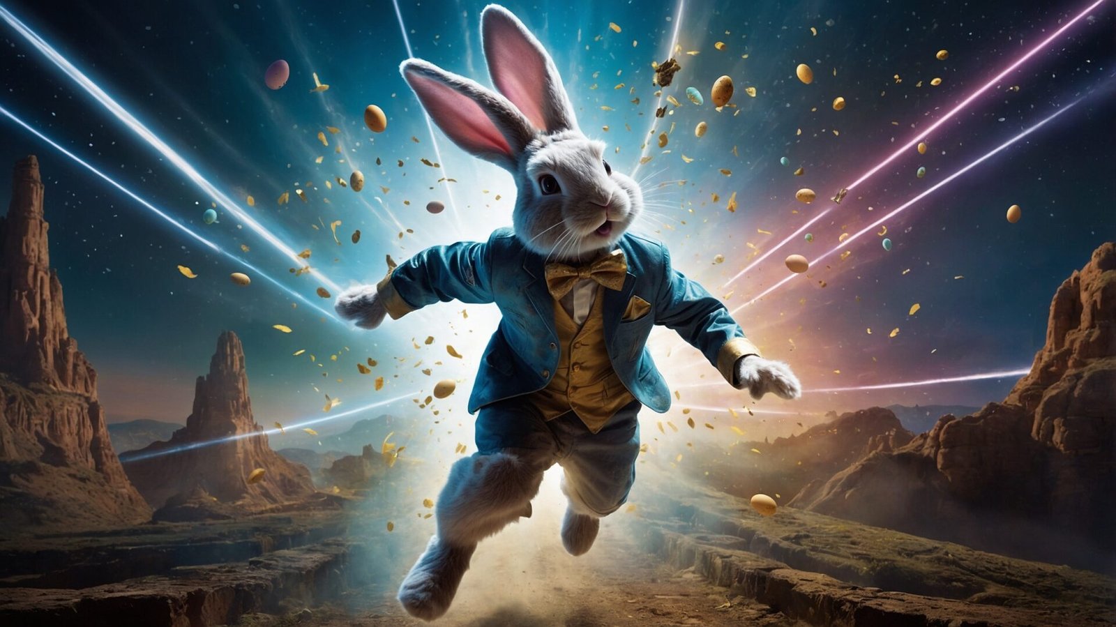 Easter bunny in blue suit flying through space, shooting lasers from eyes, with eggs falling over a desert landscape.