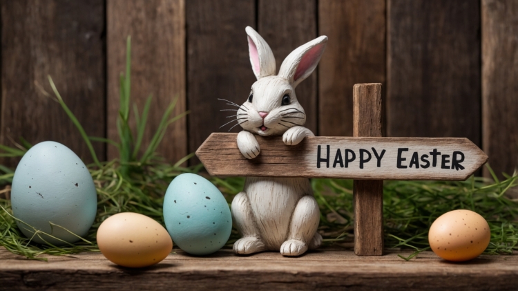 Happy Easter Wooden Sign with Bunny and Eggs