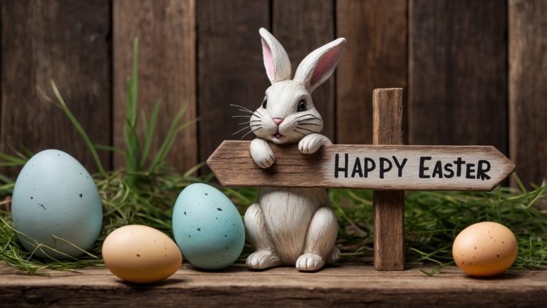Happy Easter Wooden Sign with Bunny and Eggs