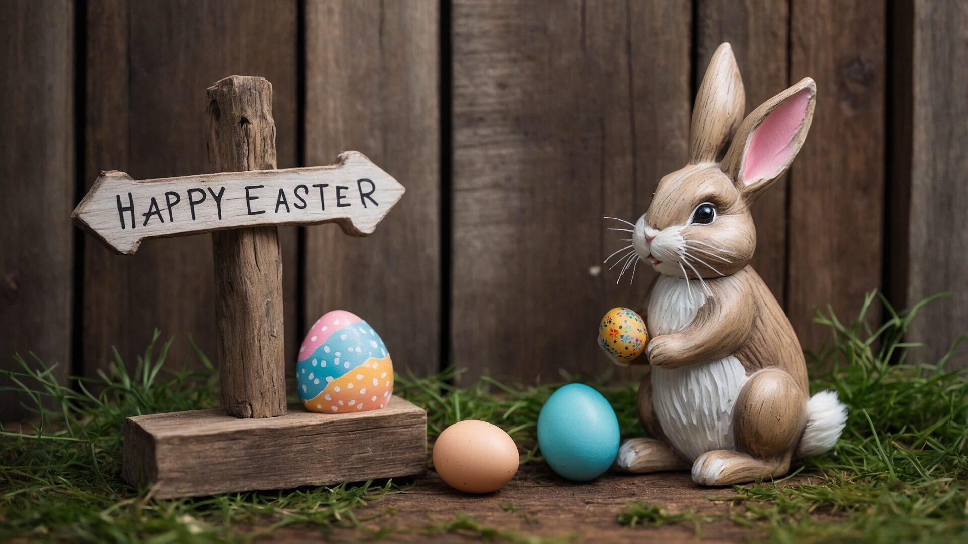 Wooden Easter Decoration on Grass with Bunny