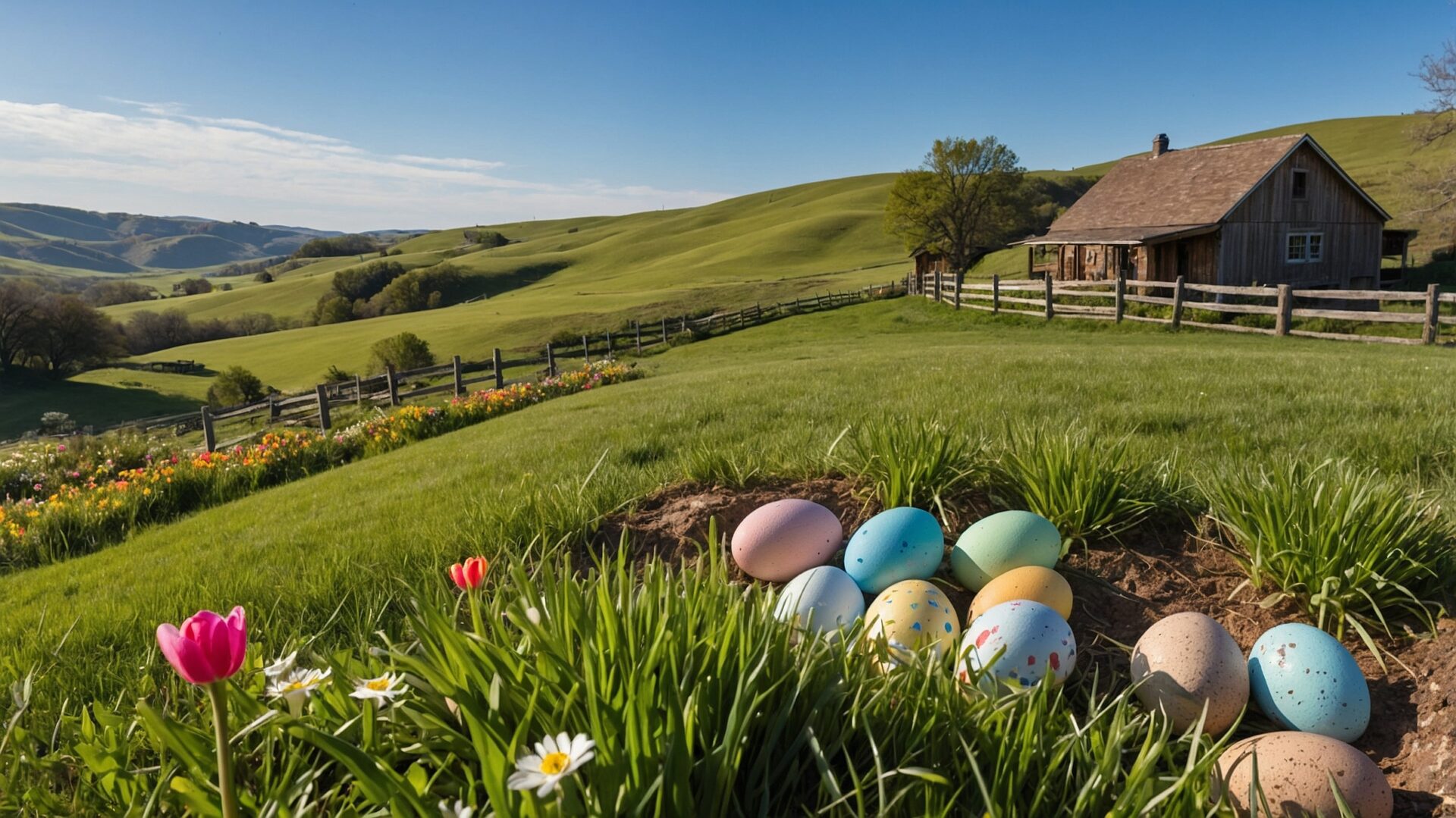 Colorful Easter eggs on rolling green hills with a rustic barn, tulip fields, and a bright blue sky in the background.