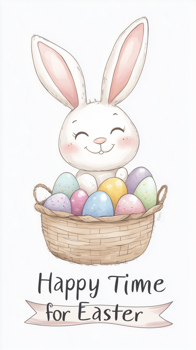 Smiling Easter bunny in a basket with colorful eggs, pastel tones, and "Happy Time for Easter" text on a white background