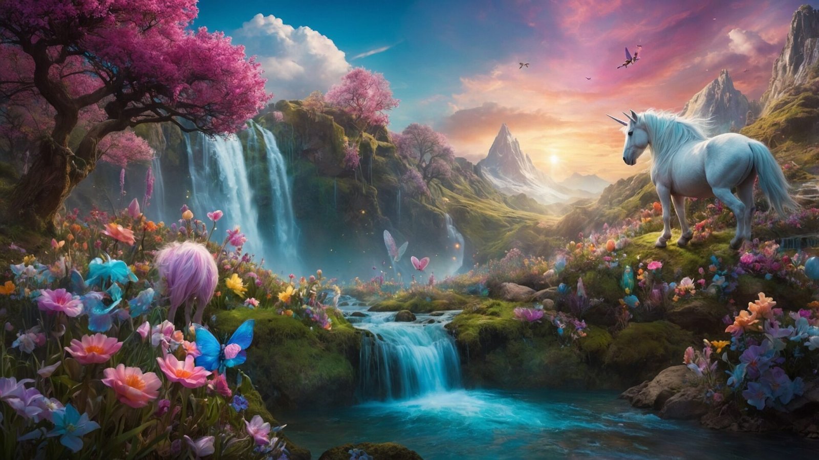 Fantasy landscape with unicorns, waterfalls, flowers, and butterflies under a pastel blue sky with pink clouds and an enchanted forest.