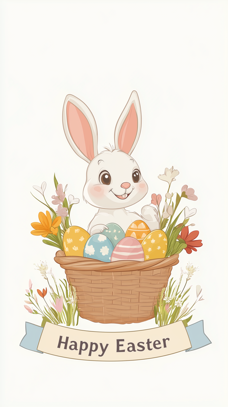 Cartoon rabbit in a basket with colorful eggs, flowers, and ribbons, on a white background, pastel clipart style.