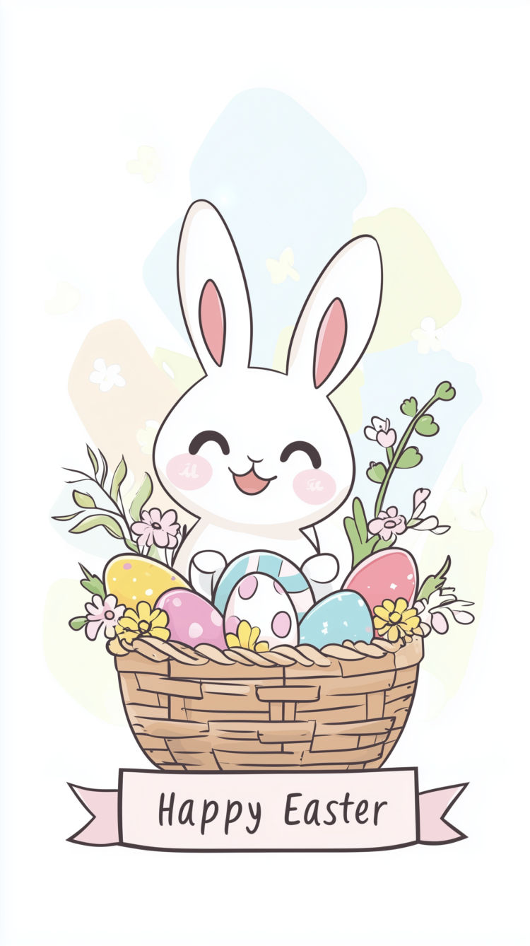 Easter bunny on a basket with striped eggs, pastel colors, "Happy Easter" banner, vector illustration, sticker style.