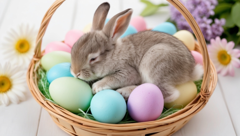 Adorable Sleeping Bunny Surrounded by Easter Eggs
