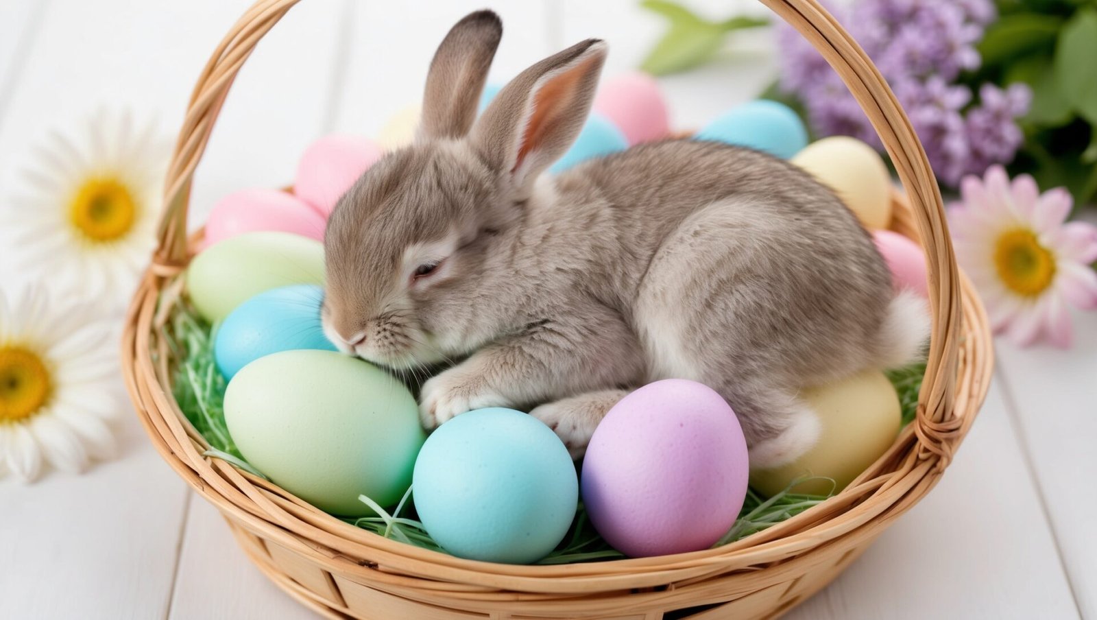 Sleeping bunny in an Easter basket surrounded by colorful eggs, pastel colors, white wooden table, stock photo.