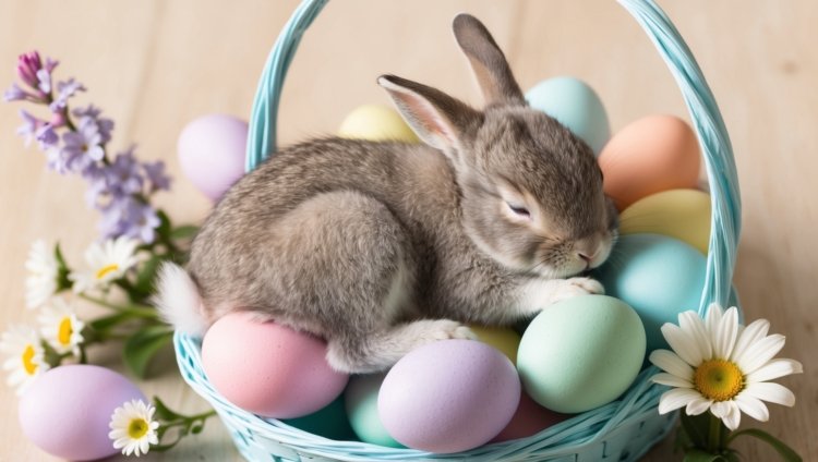 Gray rabbit sleeping in Easter basket with colorful eggs, spring flowers, pastel colors, natural light, stock photo.