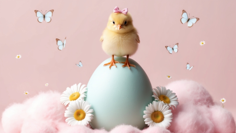 Playful Chick on Easter Egg with Cotton Candy and Butterflies