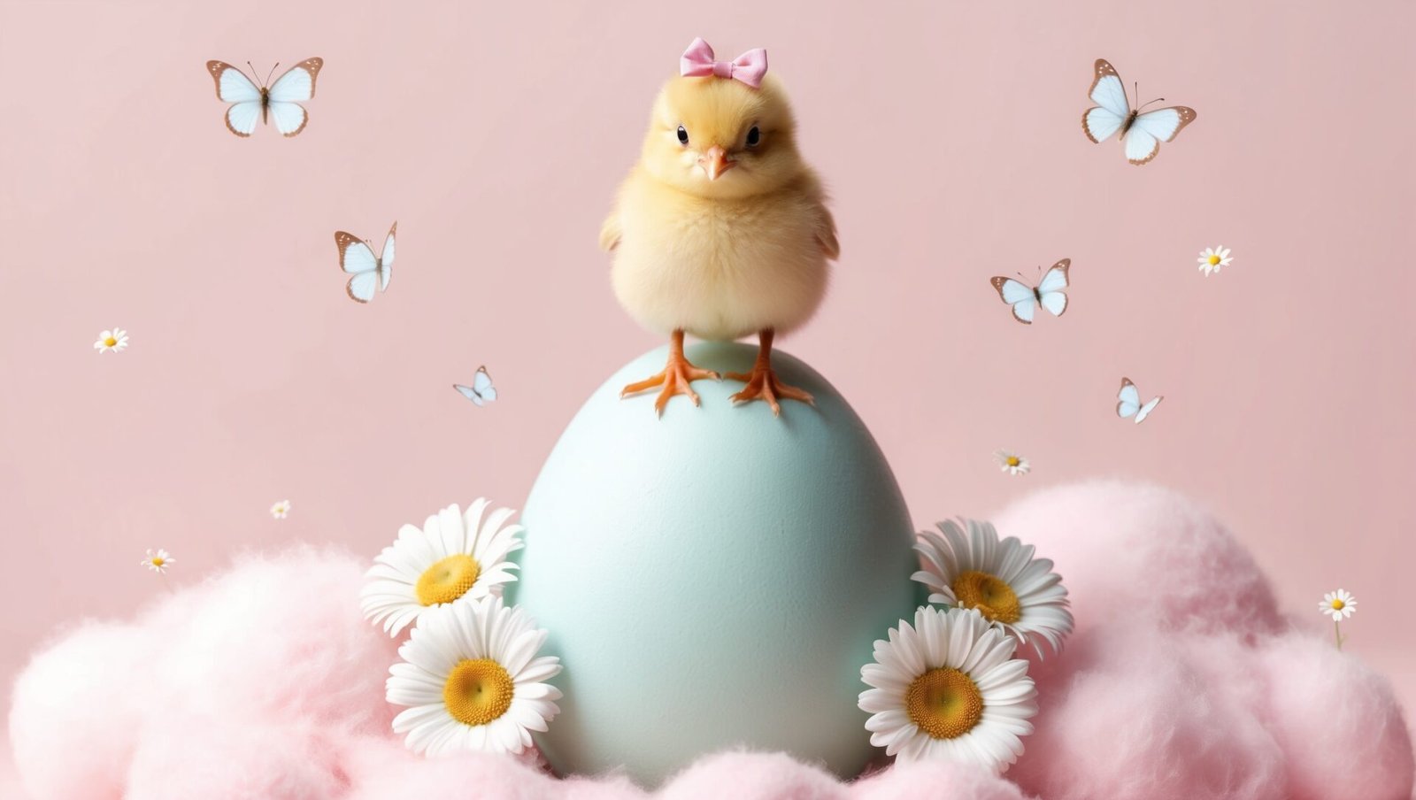 Cute chick on Easter egg with cotton candy, daisies, butterflies, pink background, Easter decoration.