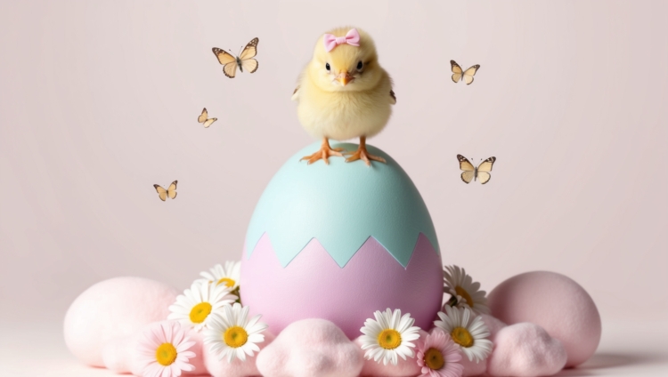 Easter Egg with Baby Chick and Flying Butterflies in Pastel Colors