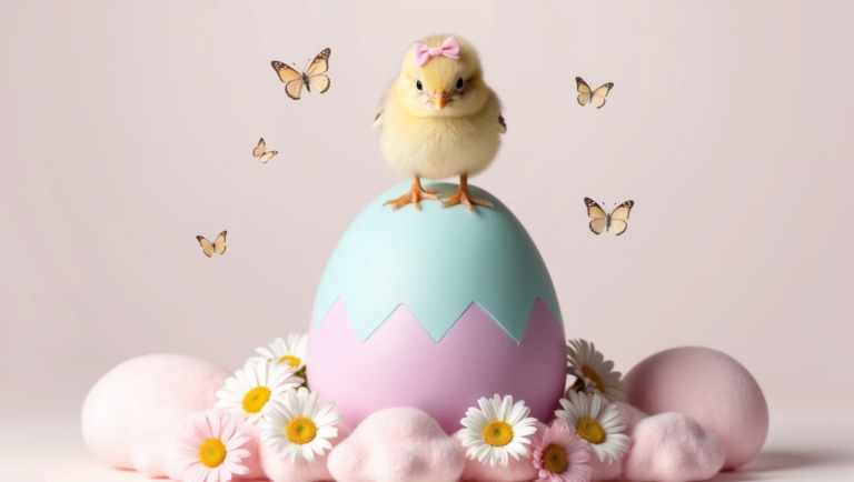 Easter Egg with Baby Chick and Flying Butterflies in Pastel Colors