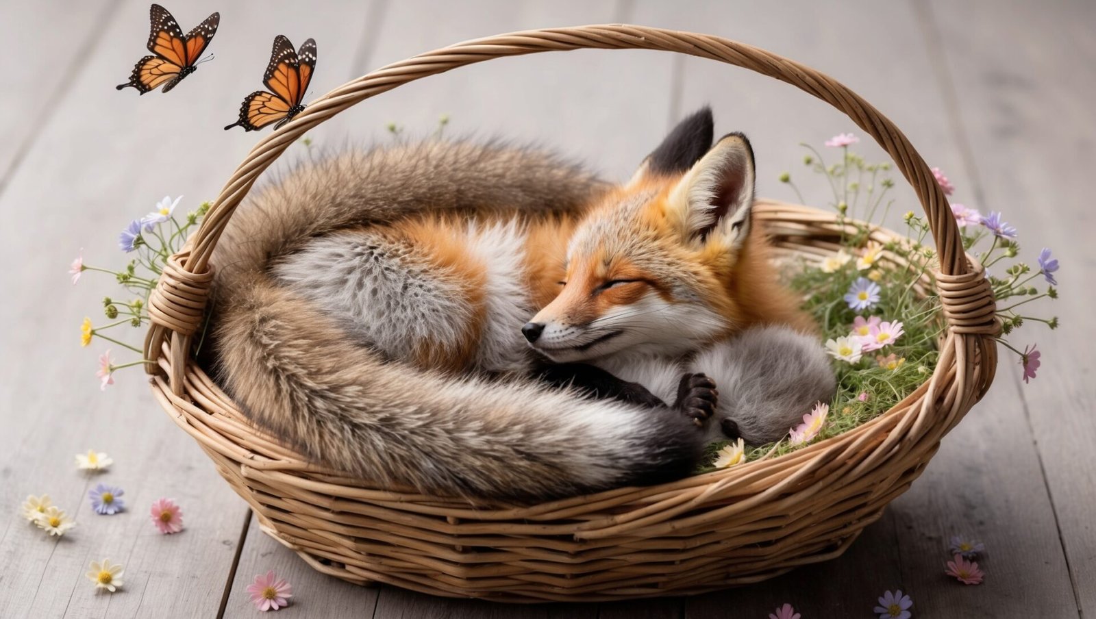 Cute fox curled up in a basket, surrounded by flowers and butterflies in high-definition photography.