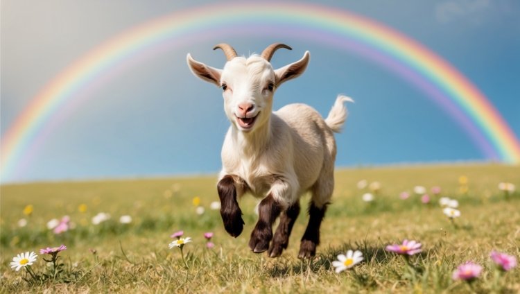 Cute goat running on grass with a rainbow in the background, flowers, and a blue sky.