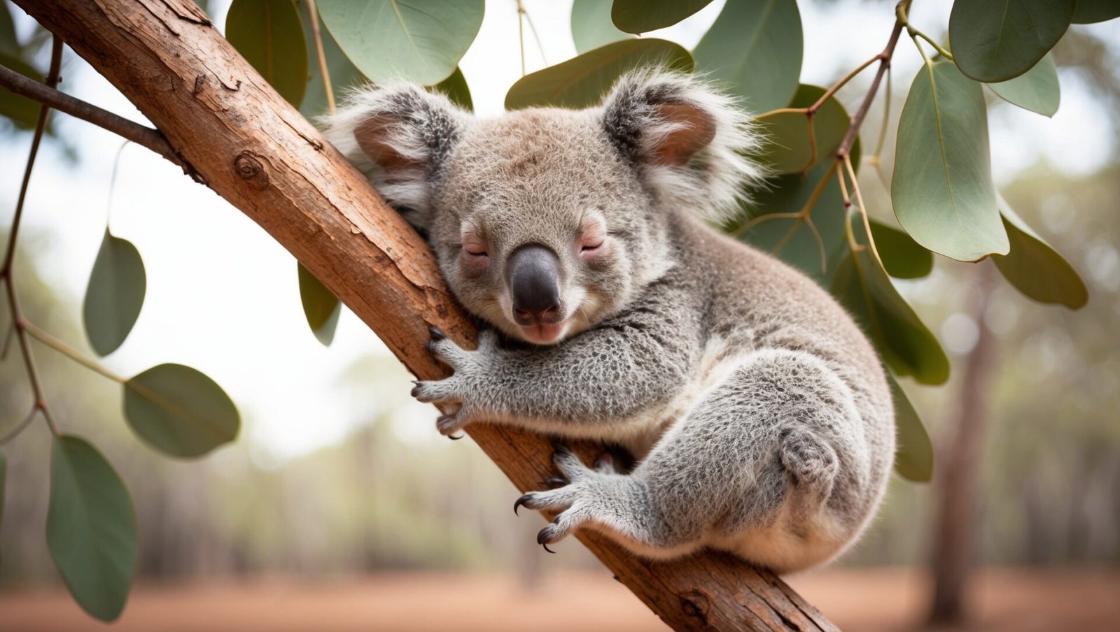 Koala sleeping on a eucalyptus tree, surrounded by green leaves, in its natural habitat.