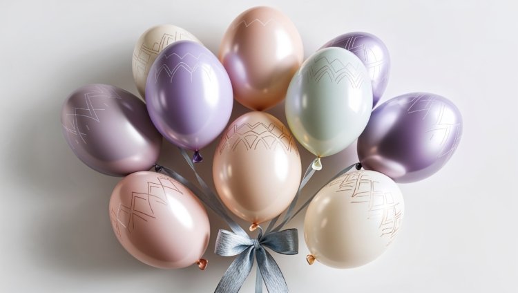 Pastel Easter balloons with egg patterns and metallic sheen tied with a ribbon on a white background.