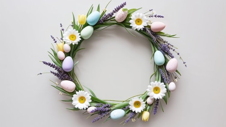 Easter wreath with pastel eggs, lavender, and daisies on a white background in a flat lay composition.