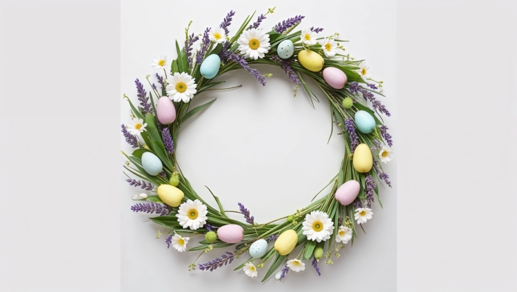 Easter wreath with pastel eggs and flowers on a white background, flat lay with copy space for holiday celebrations.