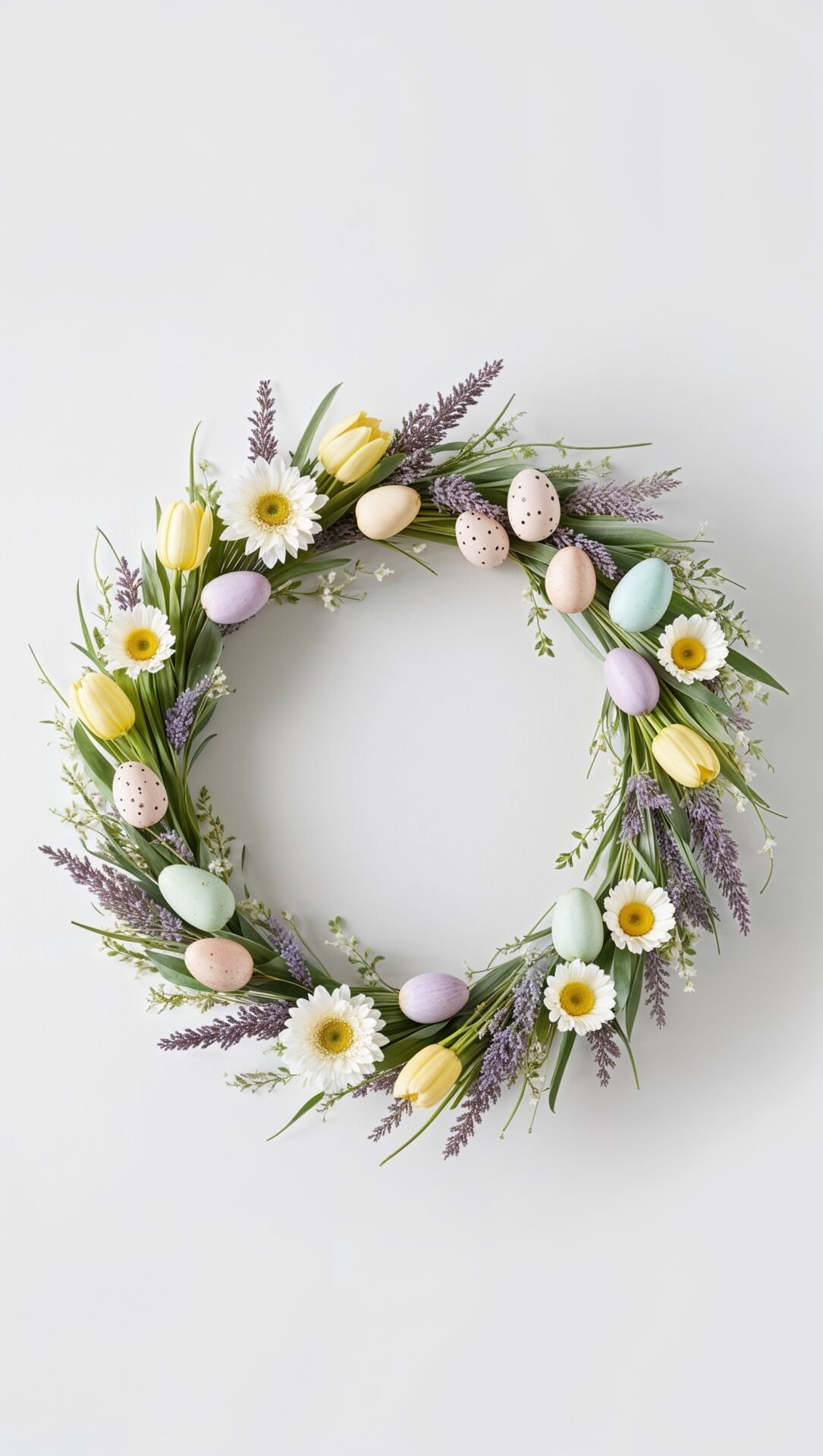 Easter wreath with pastel eggs, tulips, and lavender on a white background, minimalist and elegant for e-commerce photography.