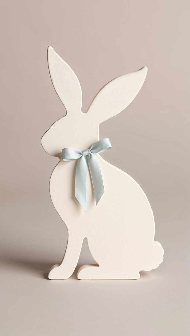 White wooden Easter bunny with a blue ribbon on a solid background, simple and elegant style.