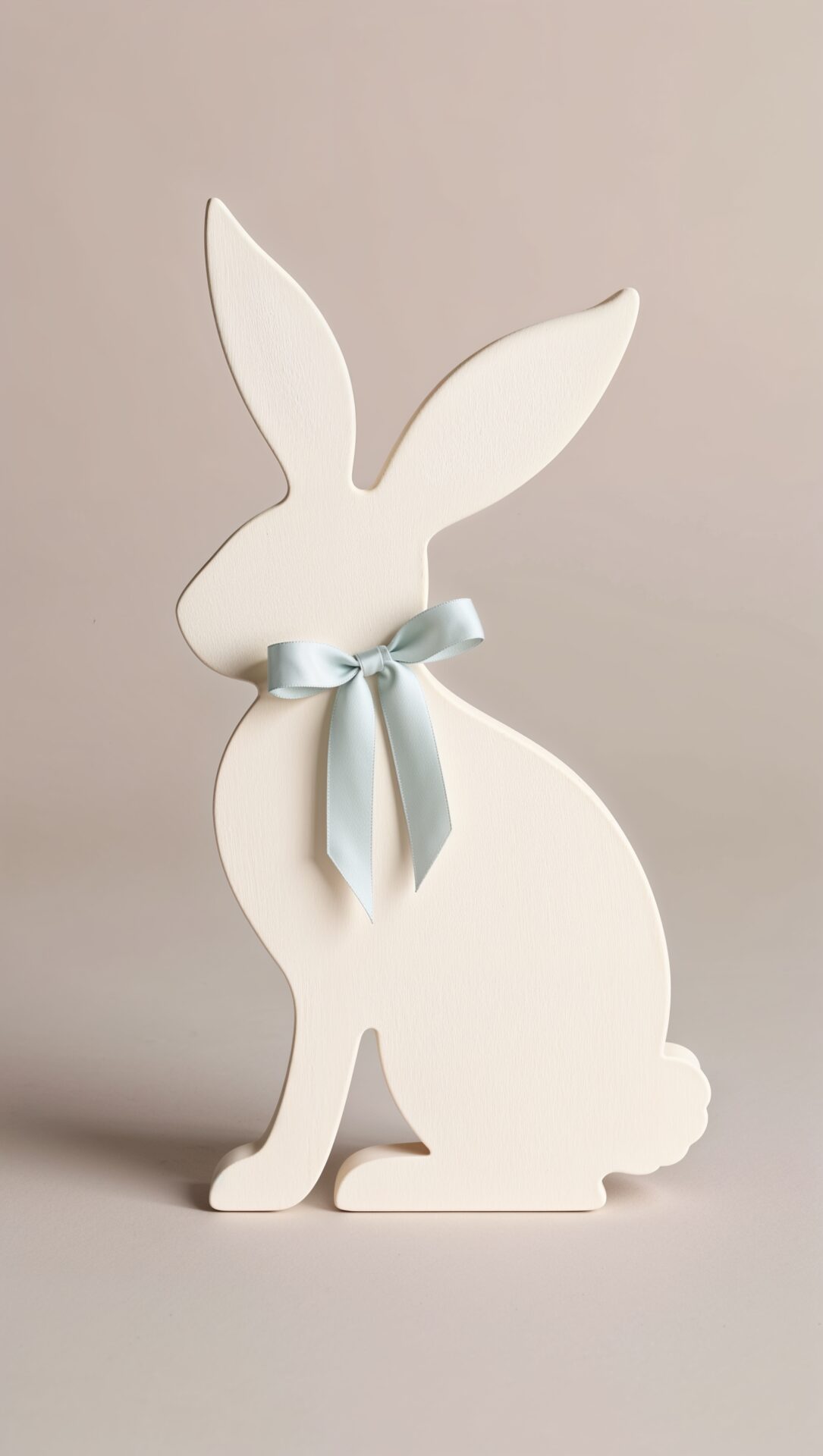 White wooden Easter bunny with a blue ribbon on a solid background, simple and elegant style.