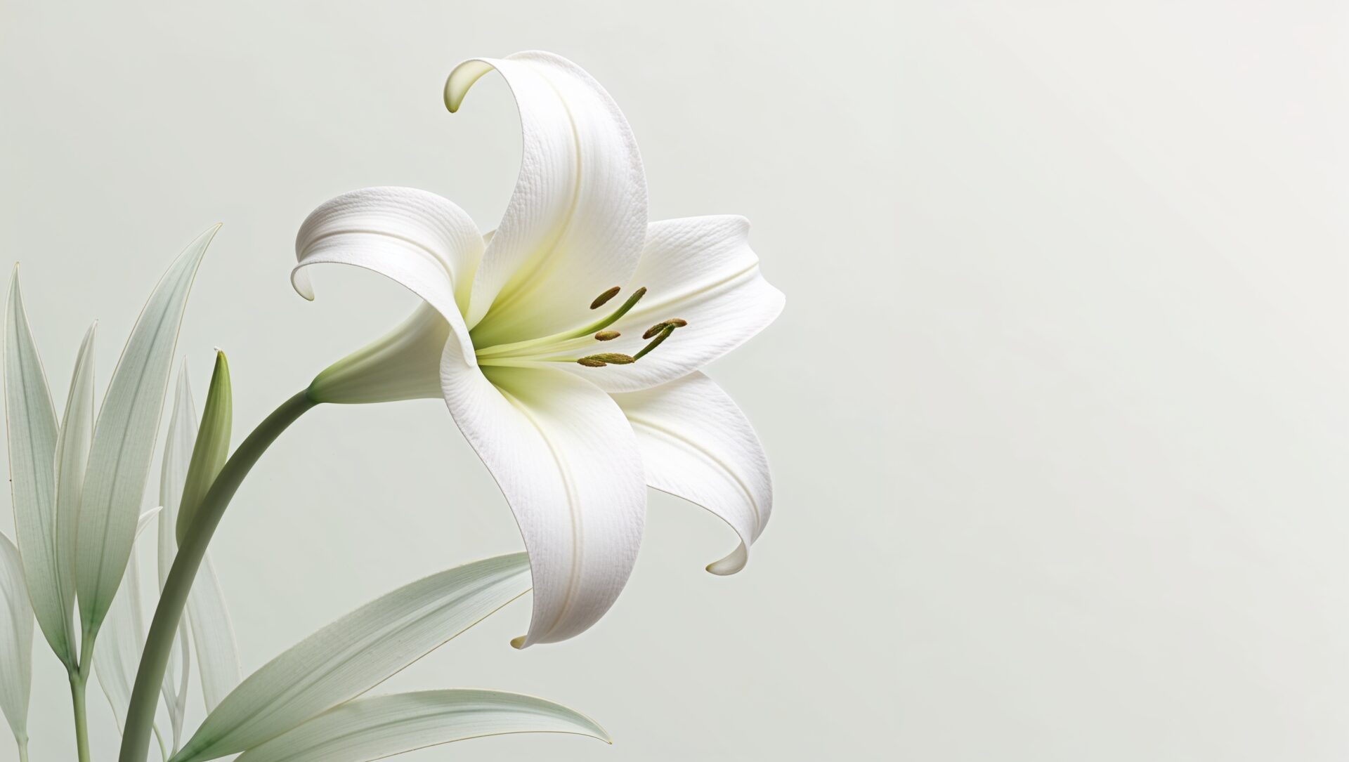 White lily flower with long leaves on a light gray background, high-resolution vector illustration.