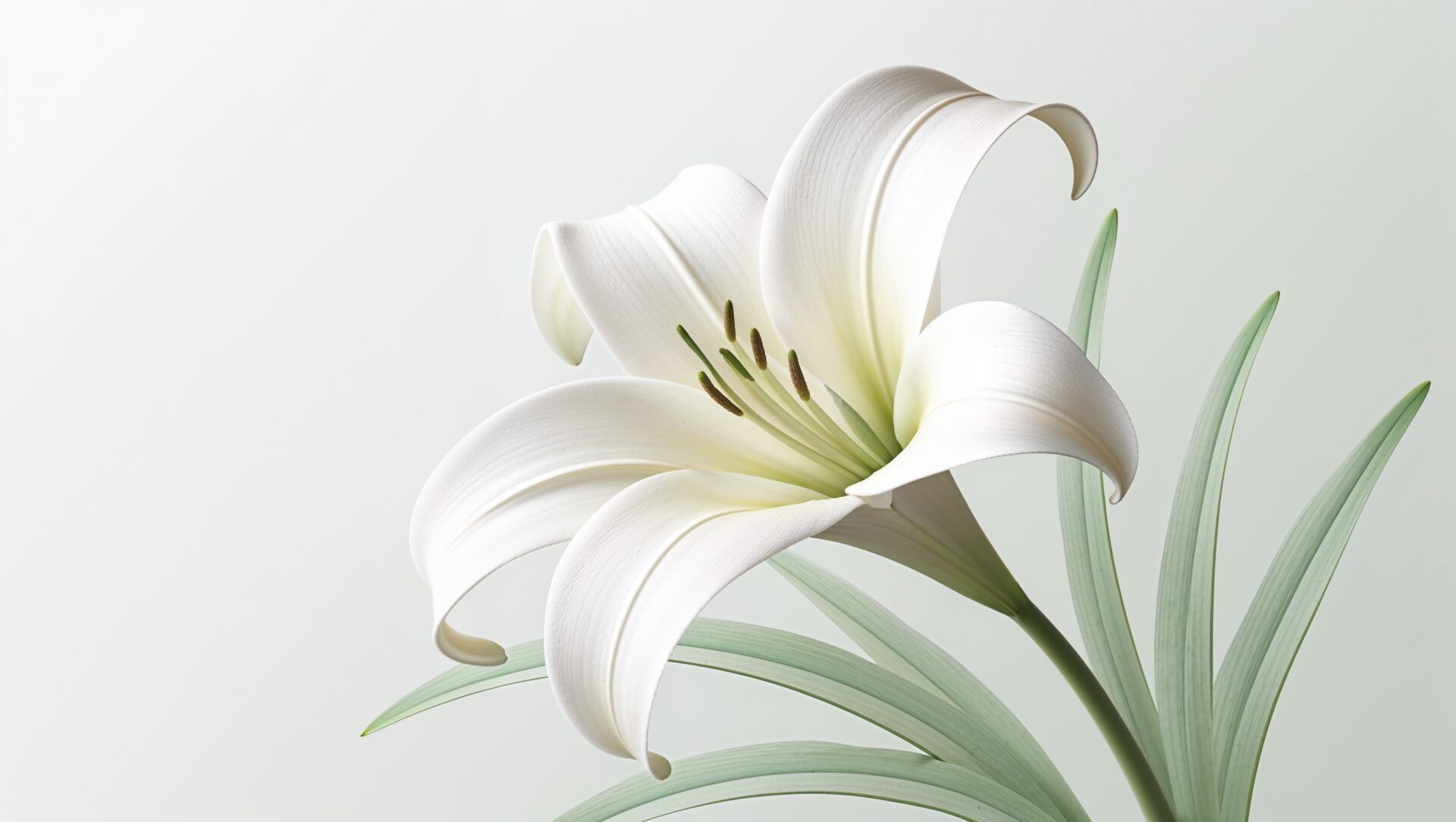 White lily with long green leaves on the right side, against a light gray background in a detailed close-up view.