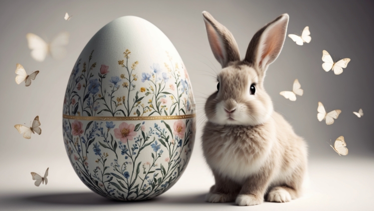 Easter egg with floral patterns next to a cute bunny, with butterflies flying around against a gray background.