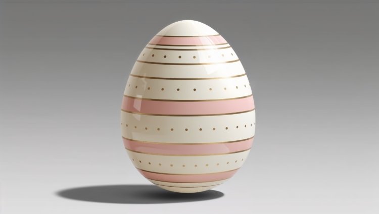 3D-rendered Easter egg with pink stripes and gold dots, isolated on a gray background with fine details.