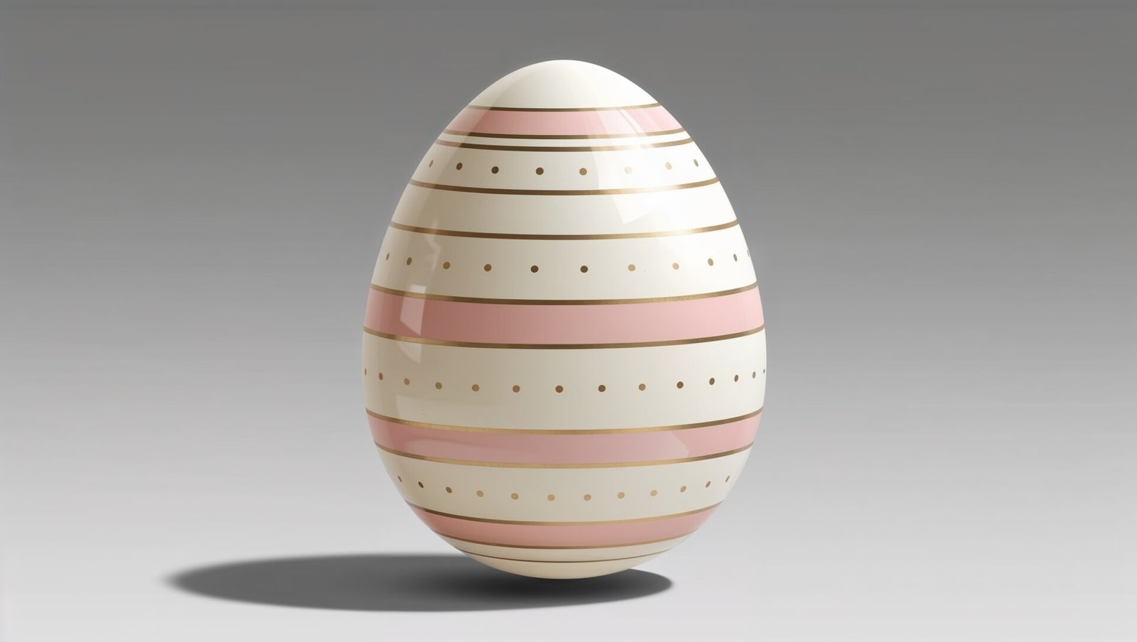 3D-rendered Easter egg with pink stripes and gold dots, isolated on a gray background with fine details.