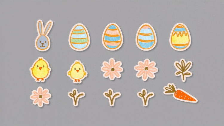 Set of pastel Easter stickers with eggs, chicks, flowers, and carrots in a flat, minimalistic design on a gray background.