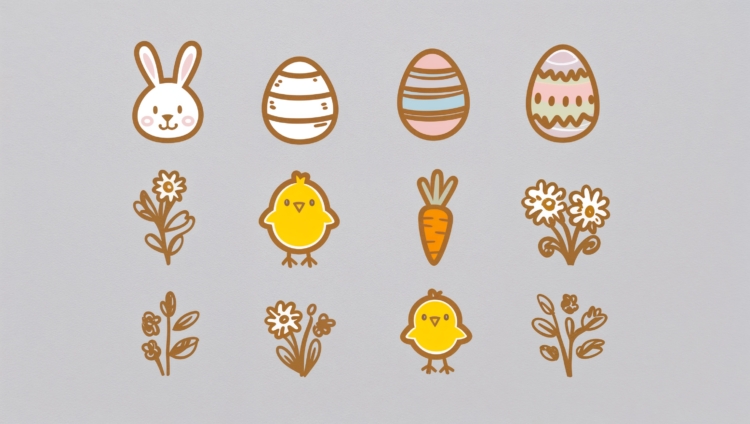 Easter icon set with simple line art of eggs, bunnies, chicks, flowers, and carrots in pastel colors on a gray background.