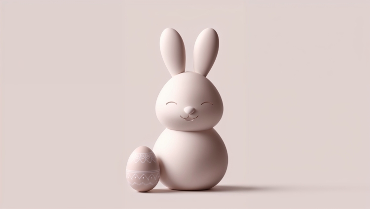 Minimalist 3D clay render of a cute Easter bunny and egg in pastel colors with soft lighting.