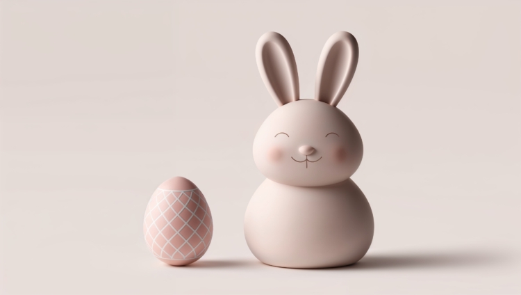 Minimalist 3D clay render of a cute Easter bunny and egg in pastel colors.