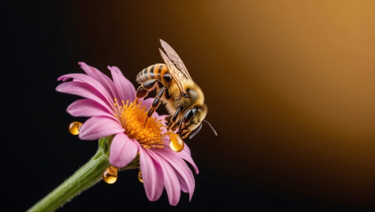 Bee on a Flower with Honey Dripping