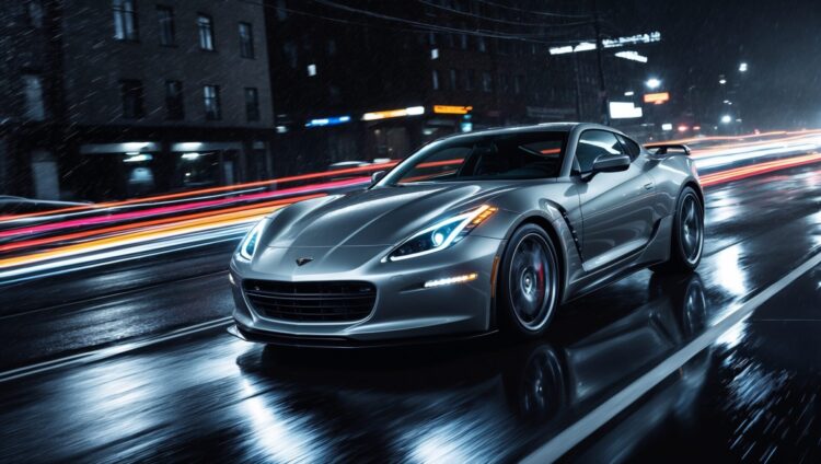 Silver Car Cruising Downtown on a Rainy Night