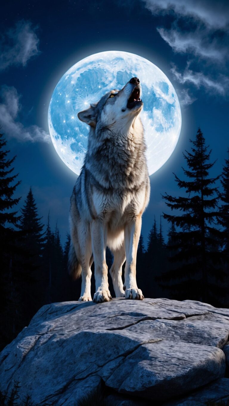 Wolf on Rock Under the Full Moon