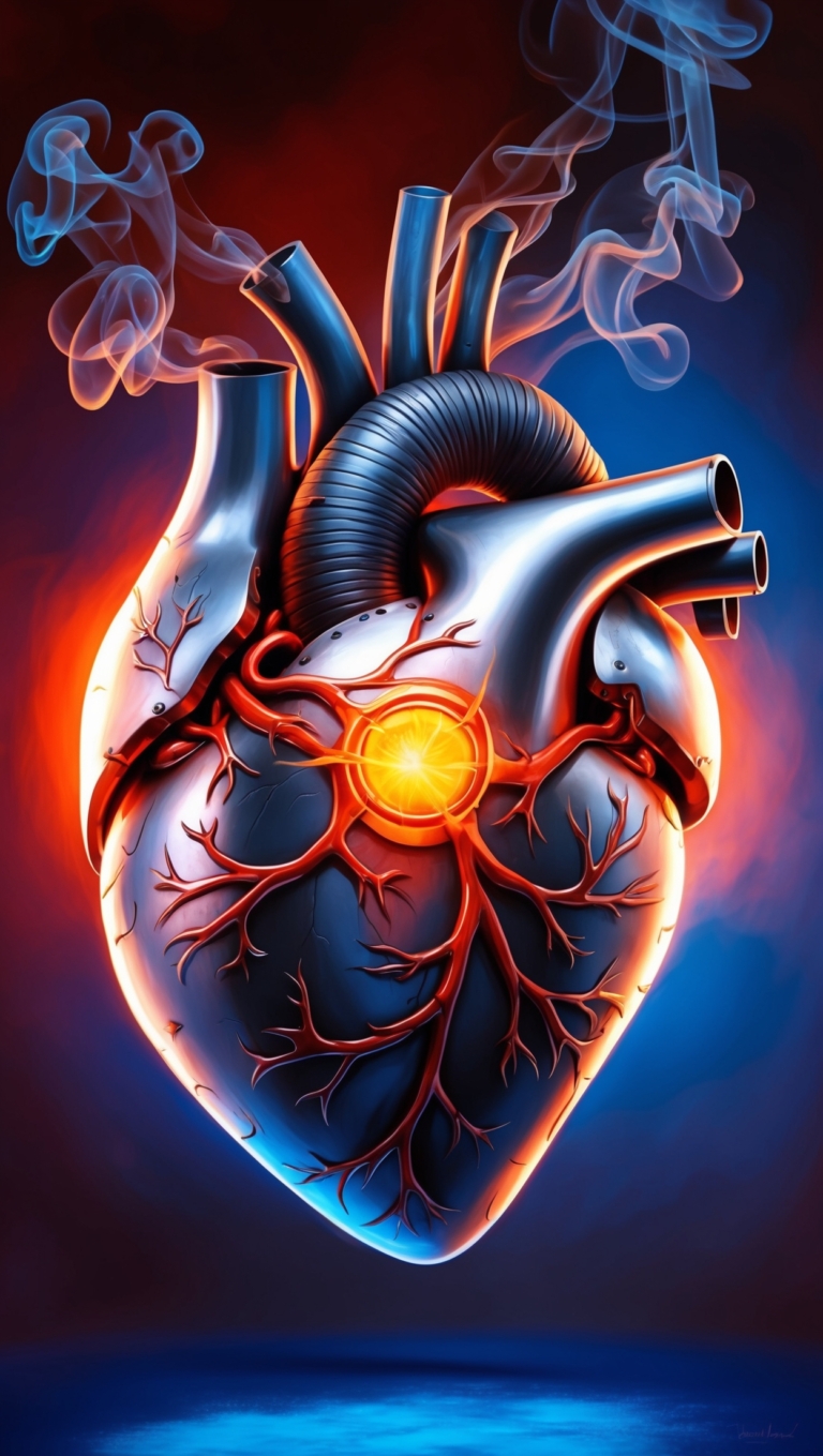 Realistic anatomical heart with glowing energy and smoke, vibrant colors, dark blue background, dramatic lighting, high detail.