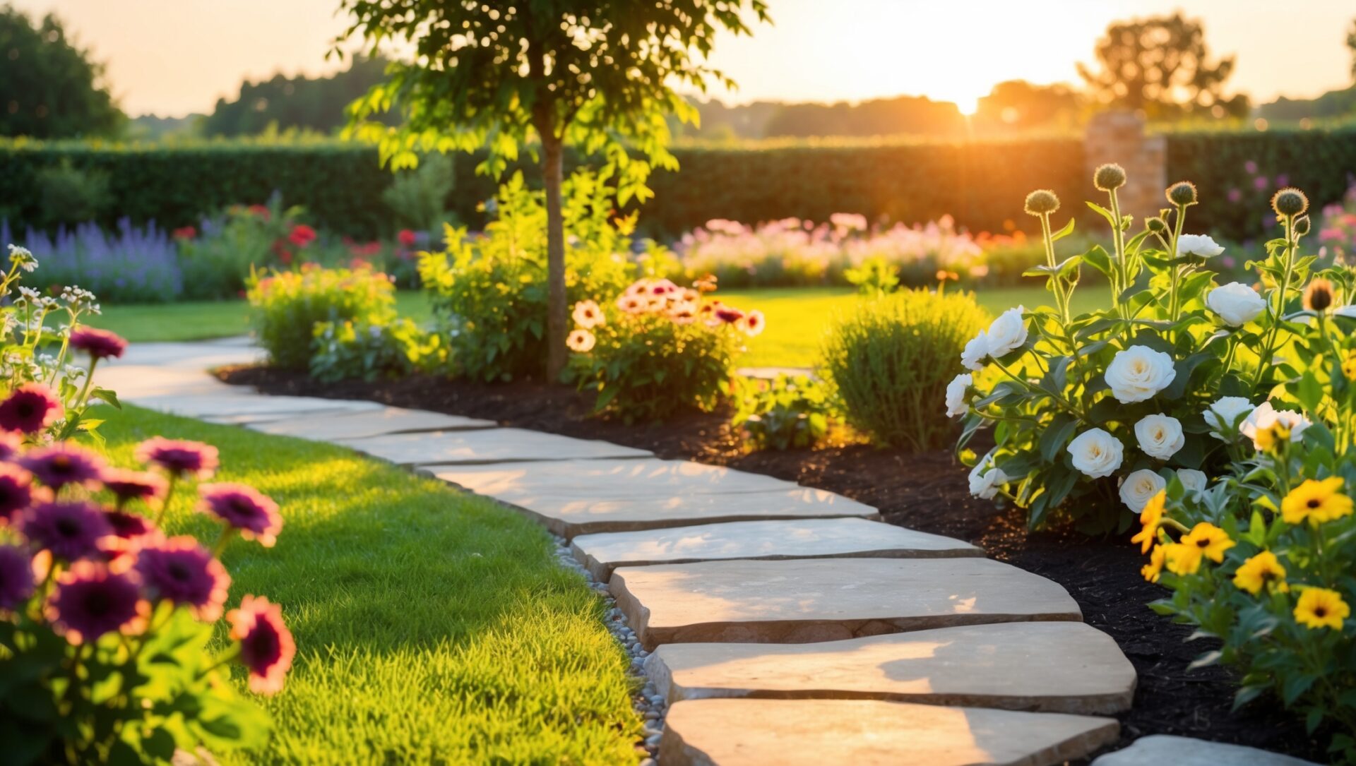 Serene Home Garden with a Sunset Glow