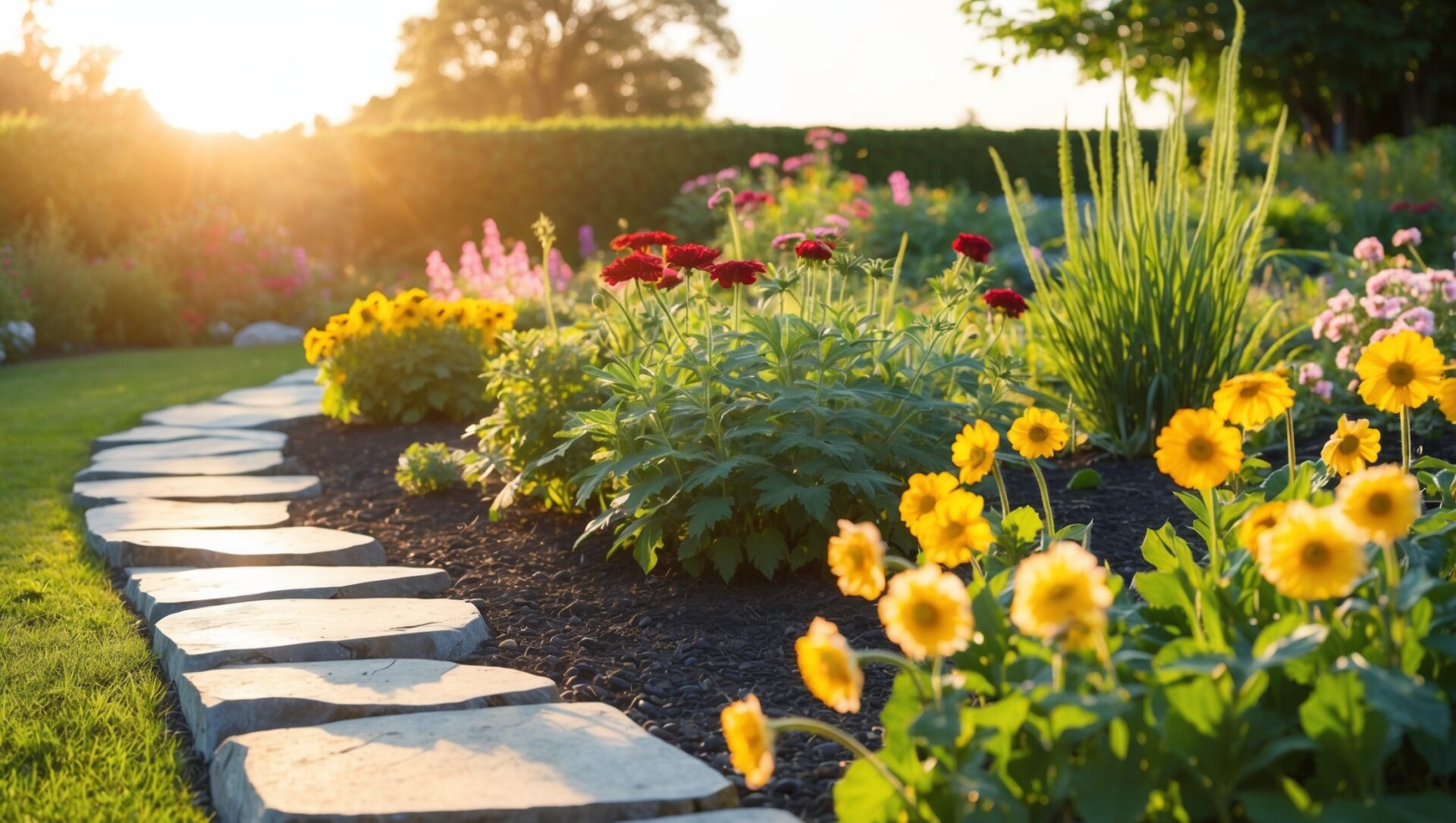 Beautiful Flower Garden in Spring with Stone Path