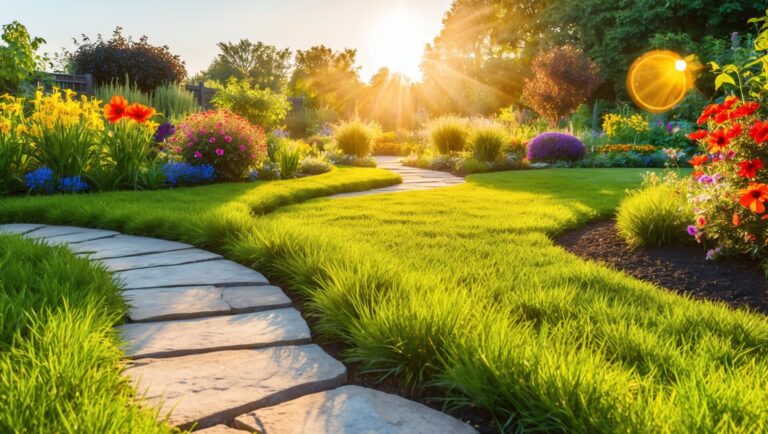 Beautiful Sunset Garden with Vibrant Flowers and Sunbeams