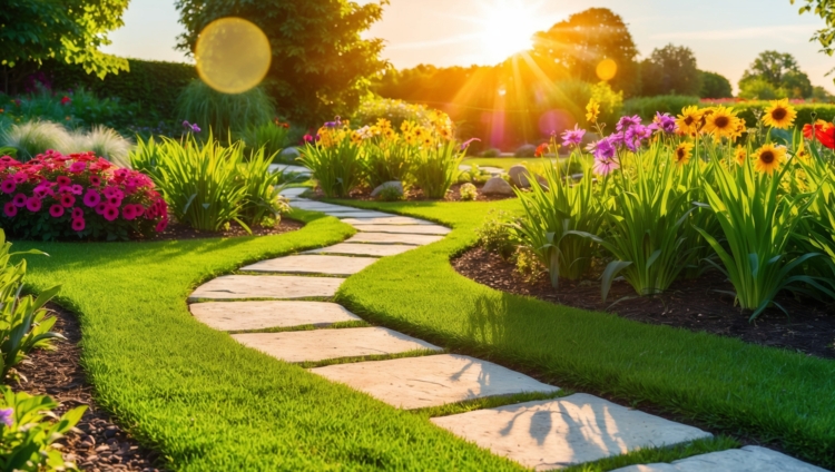 Home garden with colorful flowers, green grass, stone path, and sun rays on a bright day, landscape design, garden walkway.