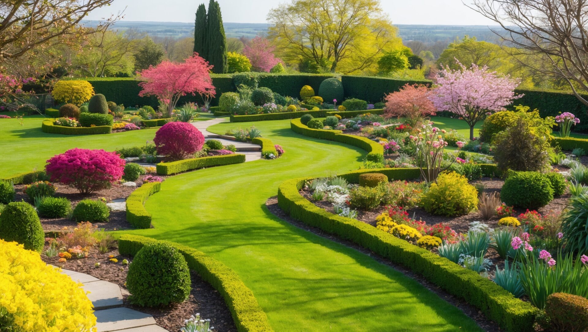 A stunning ornamental garden with colorful flowers, trimmed shrubs, and winding paths leading to a grand home.