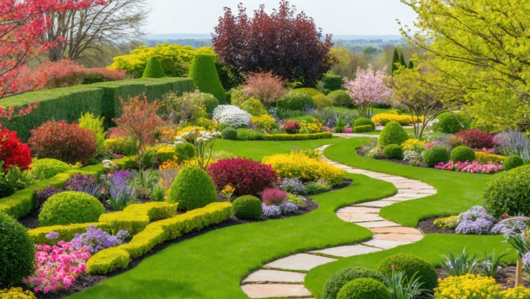 A vibrant garden with flowers, green grass, and a curved path, surrounded by blooming trees and shrubs.