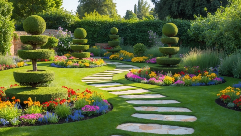 Ornamental garden with green grass, colorful flowers, round topiary trees, and a white stone path leading to an entrance.