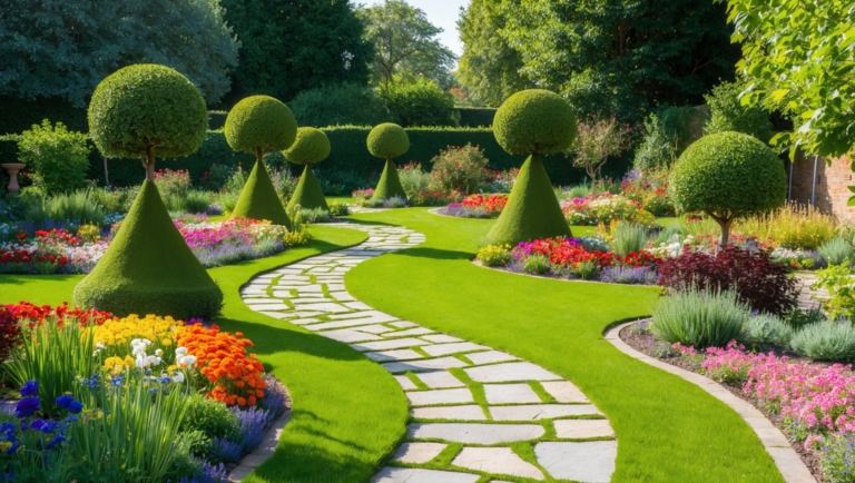 A beautifully landscaped garden with topiary trees, colorful flowers, and a green grass path under the warm sunlight.