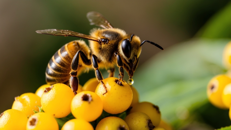 Macro close-up of a bee on yellow berries, highlighting fine details of its body and wings.